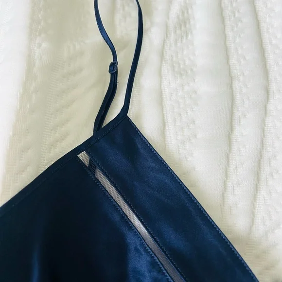 Elegant Navy Blue Slip Dress with Lace Trim French 100% silk - Picture 5 of 7